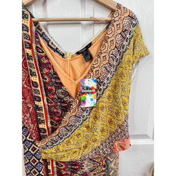 Desigual Dress Size EU 46 Multi-Color Patchwork Bohemian V-Neck Vibrant Eclectic - Picture 5 of 15
